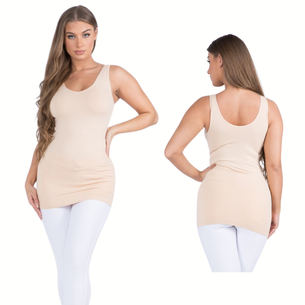 Front and back views of a person wearing FASHION GO's Reversible V or U Neckline Seamless Tank in beige, paired with white leggings, standing with one hand on hip.