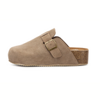 The YELLOW BOX - CIT Maire Flatform Leather Clog features a tan leather upper with a buckle strap and cork footbed, set on a flatform sole, displayed in left side profile on a white background.