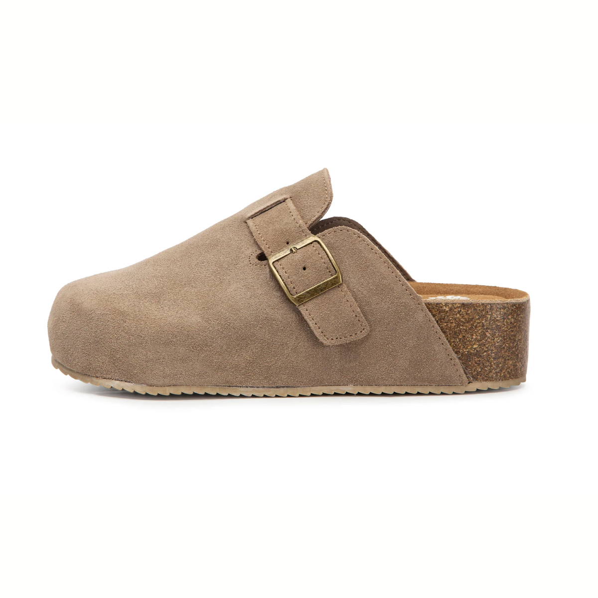 The YELLOW BOX - CIT Maire Flatform Leather Clog features a tan leather upper with a buckle strap and cork footbed, set on a flatform sole, displayed in left side profile on a white background.