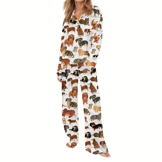 A woman stands barefoot against a white background, wearing Fashiongo's Weeinie Dog Pajama Sets featuring a silky-soft fabric and a vibrant dachshund print.