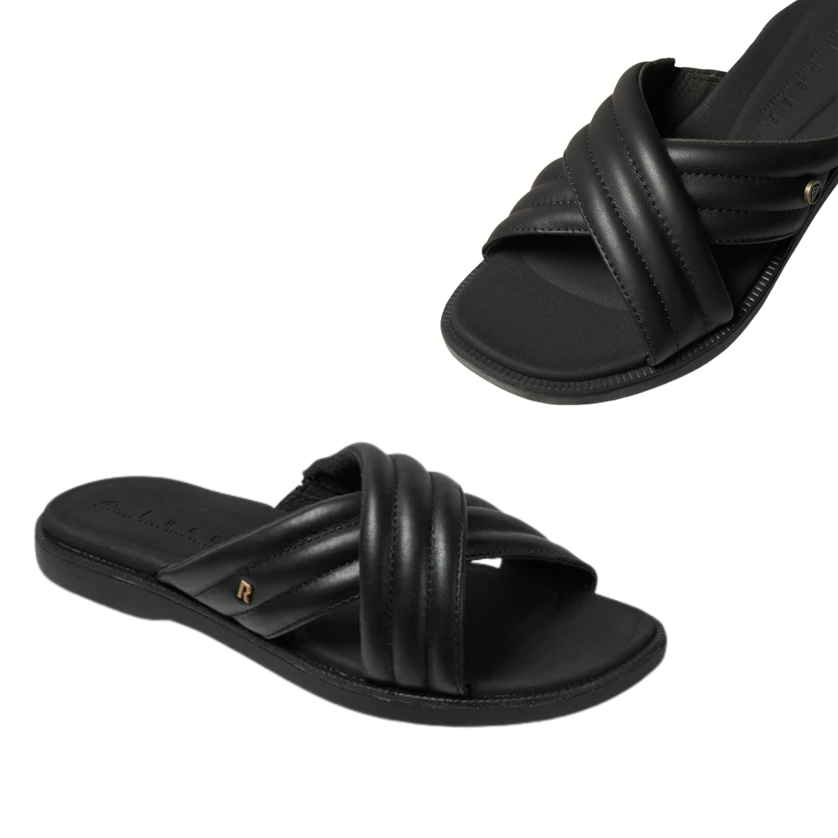 The REEF Lofty Lux Black Criss Cross Slide Sandal features premium leather, quilted crisscross straps, a flat sole, and is shown from two angles on a white background.