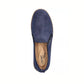 Top view of the EASY STREET Astoria Zip Up Flats in Navy—women’s blue suede flats with a side zipper and tan rubber sole—offers a comfortable casual shoe, displayed on a white background.