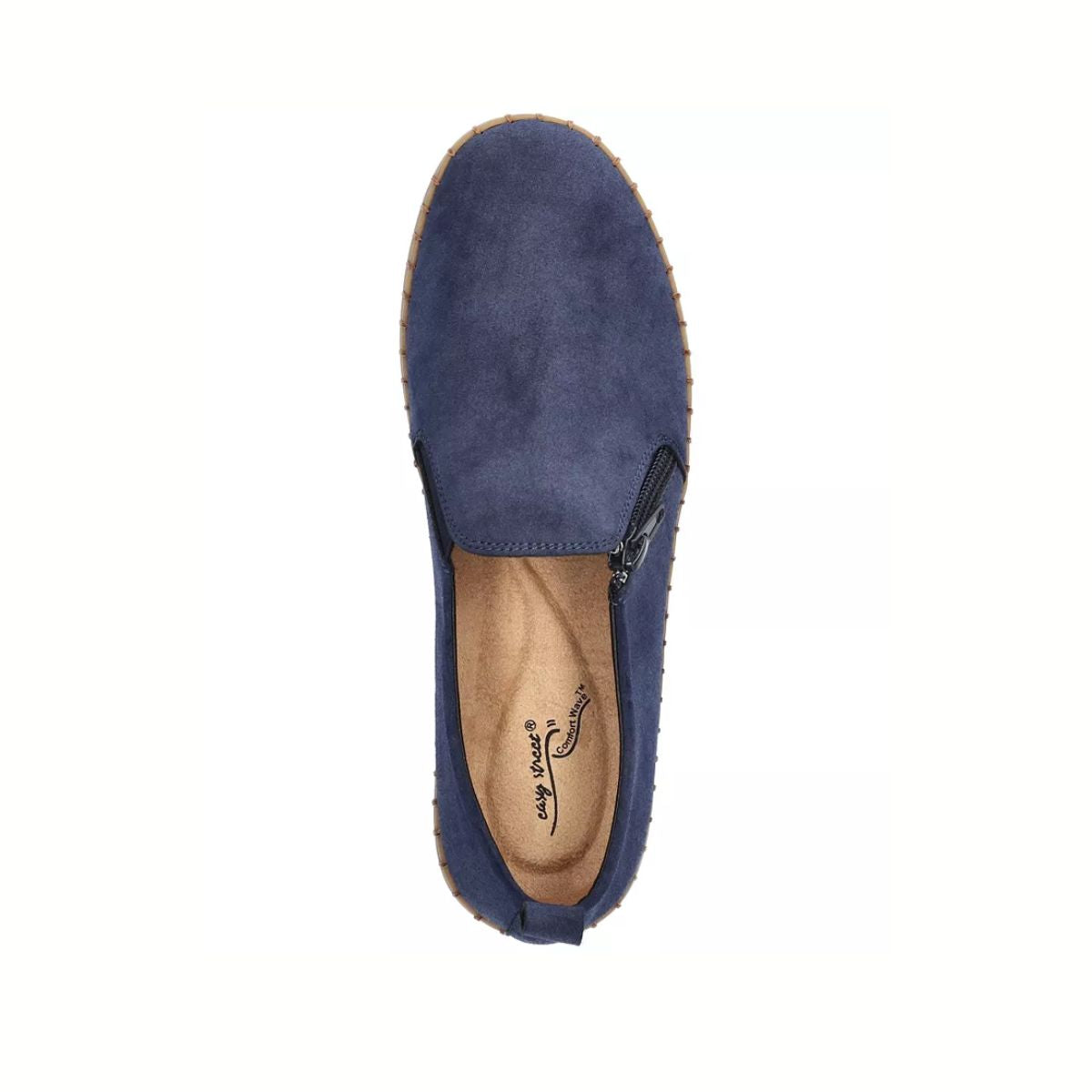 Top view of the EASY STREET Astoria Zip Up Flats in Navy—women’s blue suede flats with a side zipper and tan rubber sole—offers a comfortable casual shoe, displayed on a white background.