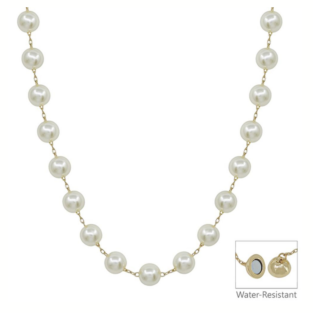 The FASHION GO 10MM Pearl Chain Necklace features round pearls with gold chain-link connectors and a convenient magnetic clasp, which is water-resistant.