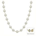 The FASHION GO 10MM Pearl Chain Necklace features round pearls with gold chain-link connectors and a convenient magnetic clasp, which is water-resistant.