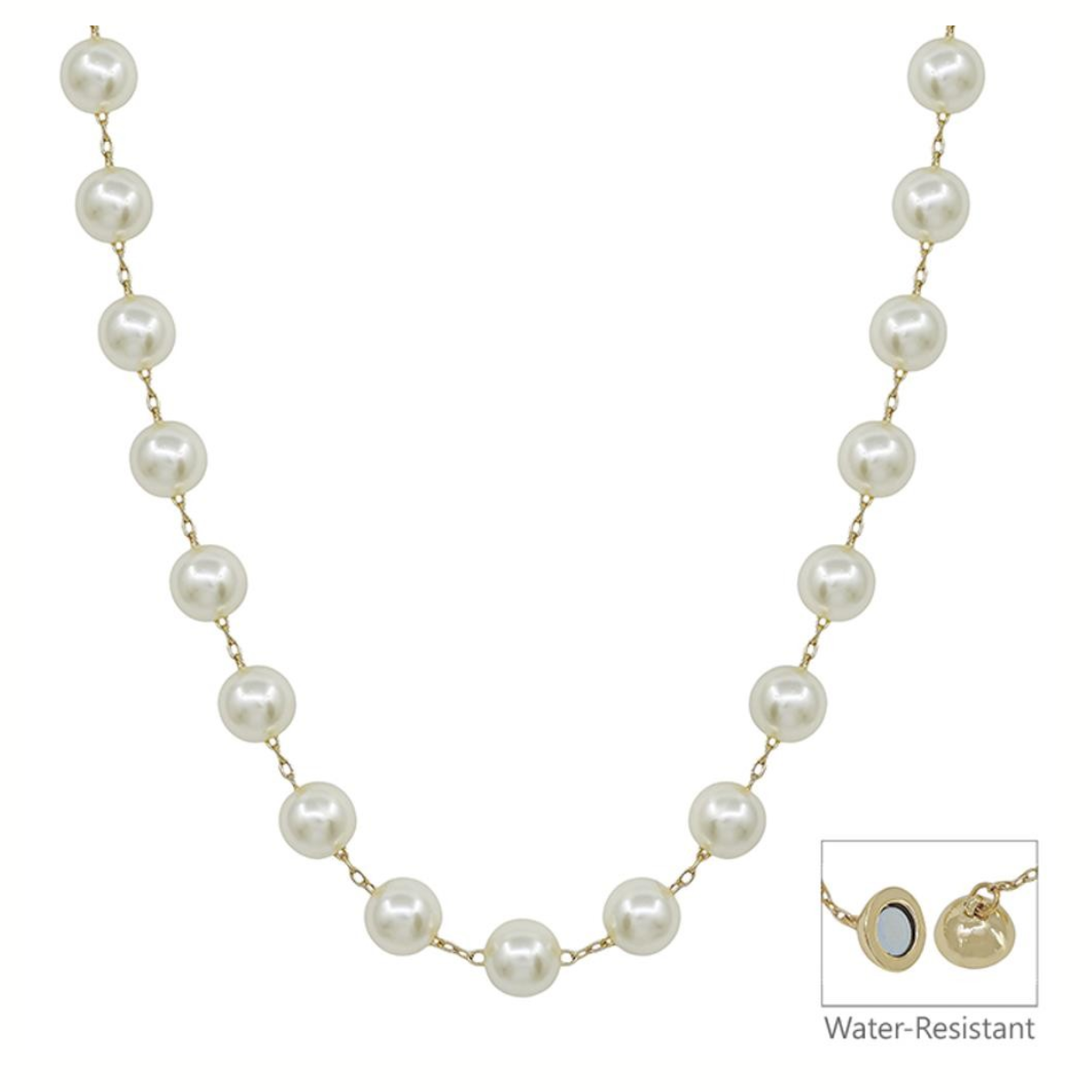 The FASHION GO 10MM Pearl Chain Necklace features round pearls with gold chain-link connectors and a convenient magnetic clasp, which is water-resistant.
