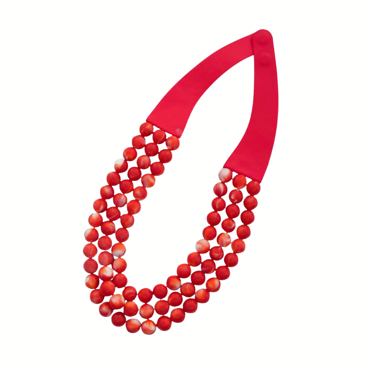 The Fashiongo Beaded Layered Magnetic Clasp Necklace in assorted colors showcases a stunning triple strand design with layered red beads and a wide, flexible pink band, all enhanced by a sleek faux leather finish.