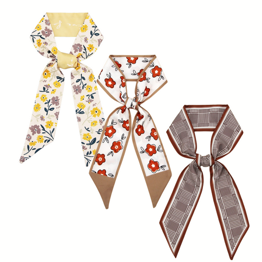 Three FASHION GO Purse Twilly / Neck Scarves are shown: one yellow with floral print, one beige with red flowers, and one brown plaid, each styled in a chic bow.