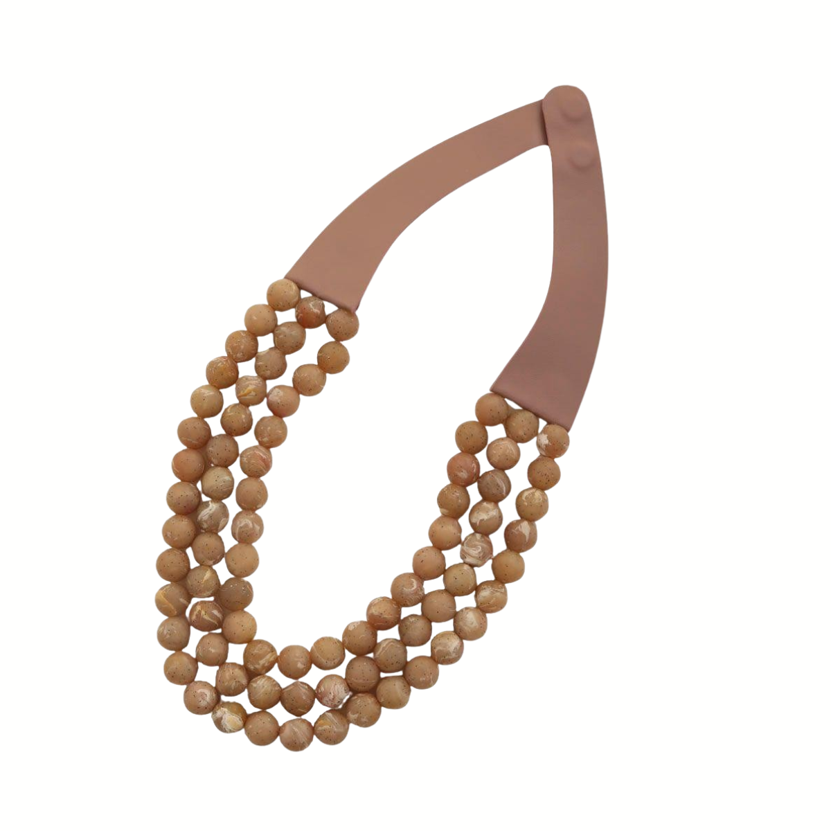 The Beaded Layered Magnetic Clasp Necklace by Fashiongo showcases three strands of brown round beads, elegantly connected to two flat brown curved pieces, finished with a convenient magnetic clasp.