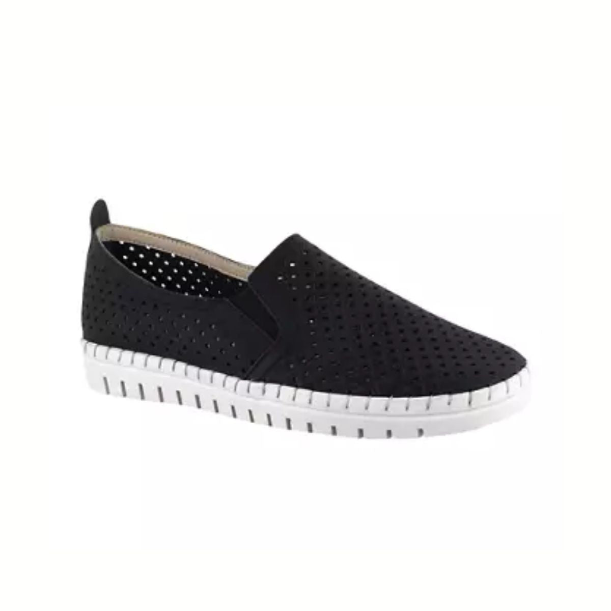 The Fresh Slip on Casual Tennis Shoe in Black by EASY STREET features perforated detailing, a white lightweight outsole, and a comfortable slip-on design for walking. Shown against a plain white background. Main image