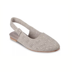 The Cleo Snip Sweet Time Slingback Flat by SKECHERS features a light gray crochet design and a memory foam insole, offering optimal comfort. This closed-toe shoe combines style and ease with its low heel, making it perfect for any occasion.