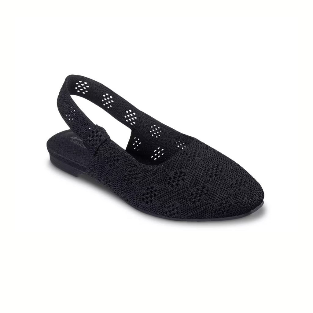 The Cleo Snip Sweet Time Sling Back Flat by SKECHERS is a black slingback shoe featuring a woven texture, low heel, closed toe, decorative perforations, and a Skechers Memory Foam footbed for all-day comfort and style.