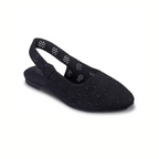 The Cleo Snip Sweet Time Sling Back Flat by SKECHERS is a black slingback shoe featuring a woven texture, low heel, closed toe, decorative perforations, and a Skechers Memory Foam footbed for all-day comfort and style.
