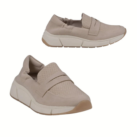 The Good Choice Adina Beige Penny Sneakers feature textured uppers, elastic sides, and thick white soles, shown against a white background.