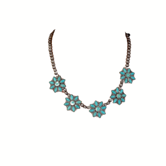 FASHION GO Squash Blossom Necklace featuring five flower-shaped turquoise stone pendants with detailed petal designs, showcased on a white background.