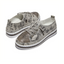 The Jodie Rhinestone Embellished Python Print Sneaker by BERNIE MEV features gray python print, lace-up design, cushioned insoles, white soles, and decorative stitching, shown against a white background.
