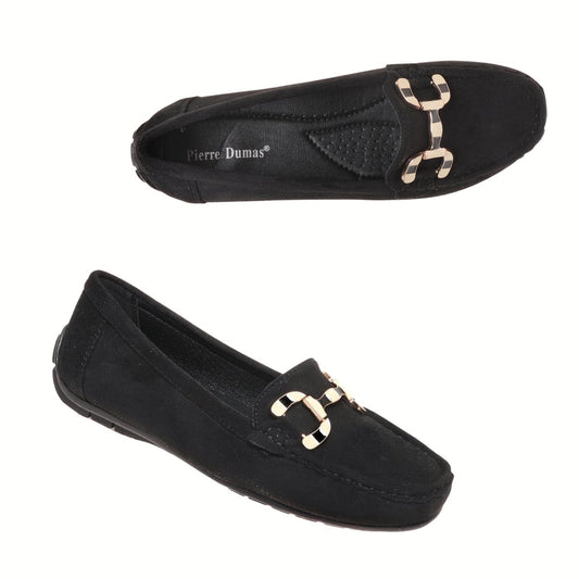 The Olem Aramis-13 Faux Suede Loafer in black features a gold buckle and subtle enamel chain detail, shown from top and side views on a white background. This slip-on design combines style with convenient wear.