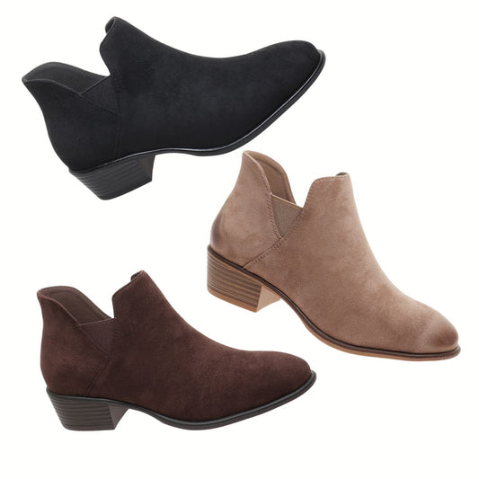 Three OLEM SHOE CORP Talita-3 Ankle Booties in black, brown, and taupe faux suede with low block heels are displayed on a white background.