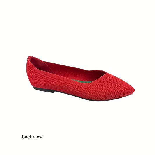 The SUMMER RIO Red Knit Pointed Toe Ballet Flat features a textured knit finish, shown from the back on a white background—ideal for stylish, comfortable women's flats.
