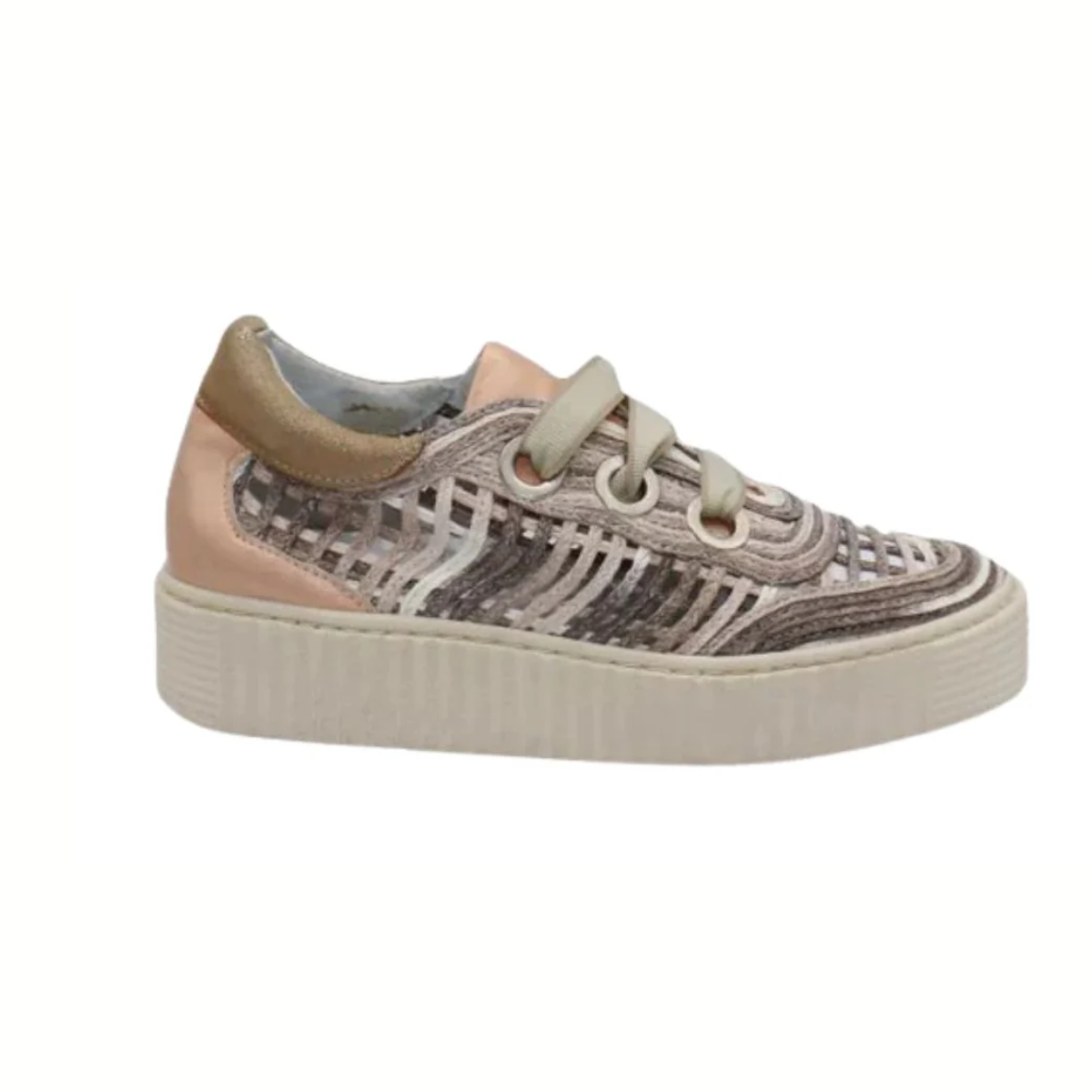 The Sintra Crochet Look Sneaker Pink by Laurevan Shoe Corp is a casual, modern sneaker featuring a crochet-look fabric upper in pink with matching laces and a thick, light-colored rubber sole for comfort. Main image