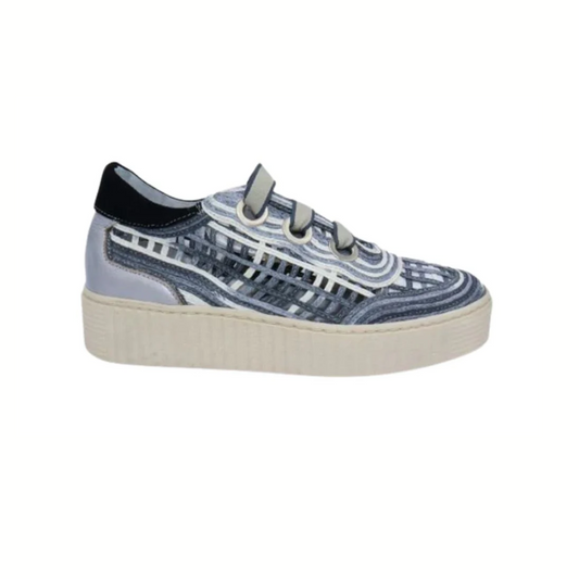 The Sintra Crochet Look Sneaker Blue by Laurevan Shoe Corp features a textured design, three velcro straps, and a chunky white sole—crafted for comfort, these breathable sneakers are ideal for all-day wear.