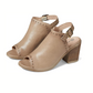 The Eric Michael Tabitha Peep Toe Leather Bootie in taupe features a comfortable heel, open toe, stud detailing, and an adjustable ankle strap with buckle closure.