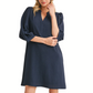 A woman models the FASHION GO Solid 3/4 Peasant Sleeves Dress in navy, featuring a split U-neck, knee-length, and loose fit, standing against a white background.
