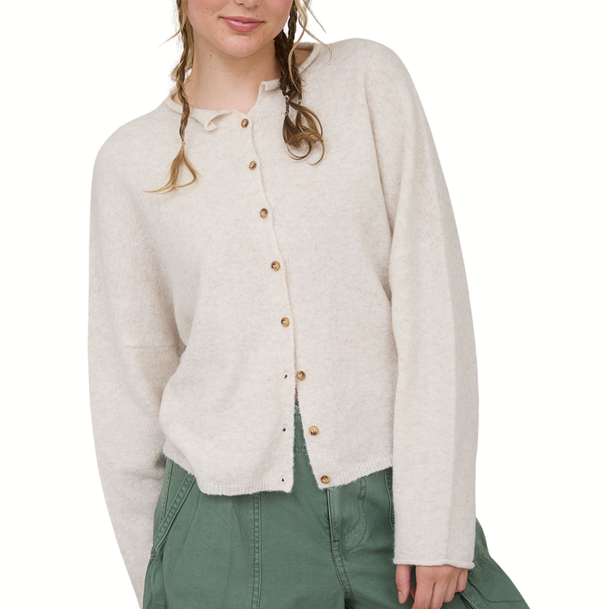 A person wearing the FASHION GO Lightweight Button Down Cardigan in cream and green pants stands against a white background.