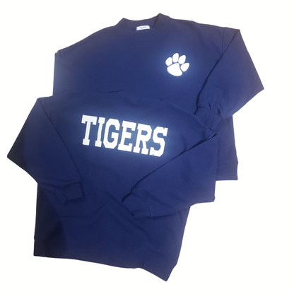 Two navy blue Tres Bien Paw Print TIGERS Cloudy Knit Tops—one with a white paw print on the chest, the other featuring "TIGERS" in bold white letters across the front—perfect for Auburn gameday.