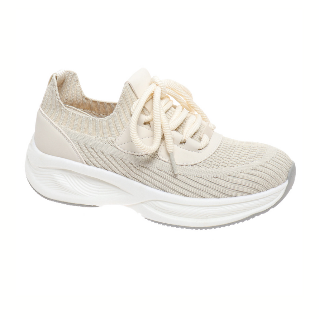 The Stride-1 Sneaker by OLEM SHOE CORP features a comfortable beige knit, white laces, and a thick white rubber sole—ideal for casual wear and shown against a white background.