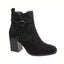 The Cammy-13 Block Heel Faux Suede Bootie by OLEM SHOE CORP features a black faux suede upper, stacked block heel, round toe, decorative strap with metal ring, and a back pull tab.