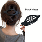 A woman with dark hair in a bun, secured with a FASHION GO Oval Lay Down Flat Claw Hair Clip in black matte; a close-up shows the strong grip of this assorted color clip.