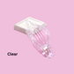 A set of FASHION GO Oval Lay Down Flat Claw Hair Clips in assorted colors rests on a white rectangular pad against a pink background, offering secure grip and comfort, with "Clear" in black text.