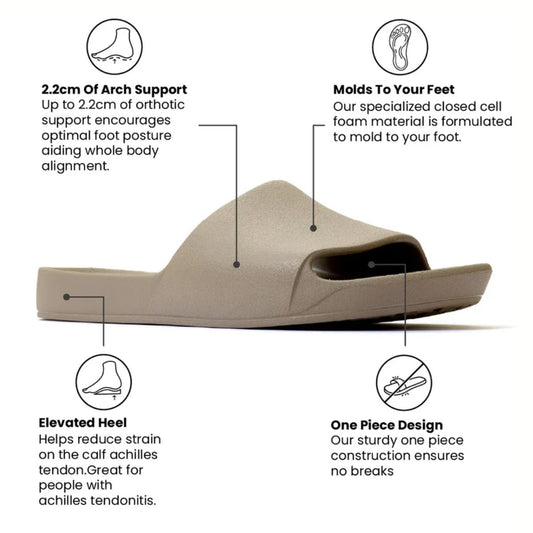 The Archies Slide Sandal in Taupe by ARCHIES FOOTWEAR LLC features a 2.2cm arch support, molds to your feet, has an elevated heel for Achilles comfort, and a one-piece waterproof design with no breaks.