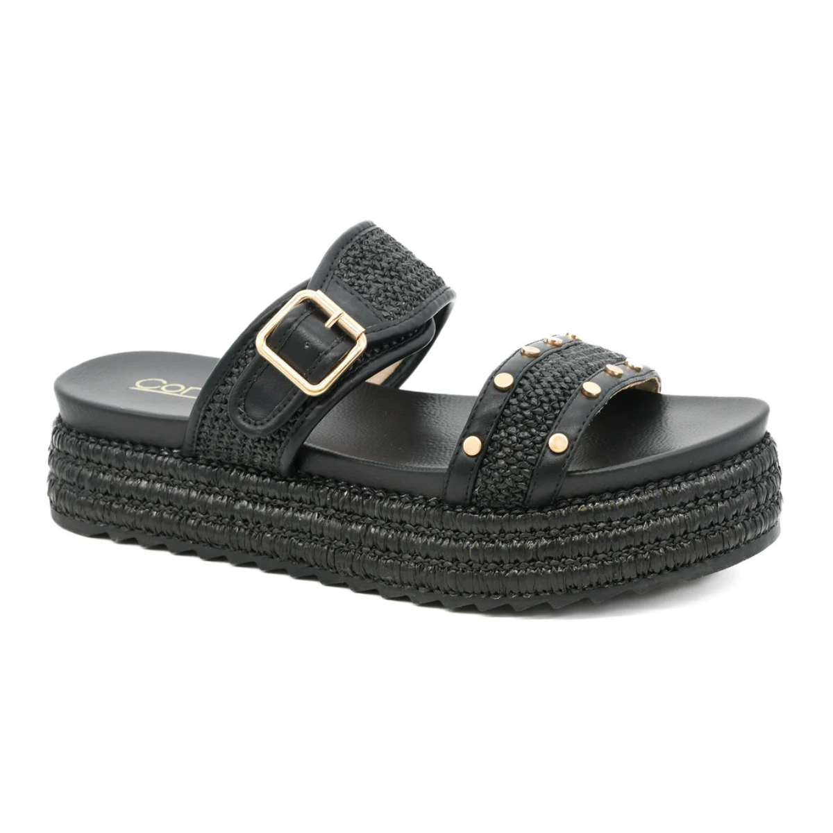 The Corkys Walk of Shame Platform Sandal in Black showcases a woven platform, adjustable ankle strap with buckle, and gold studs on the front strap.