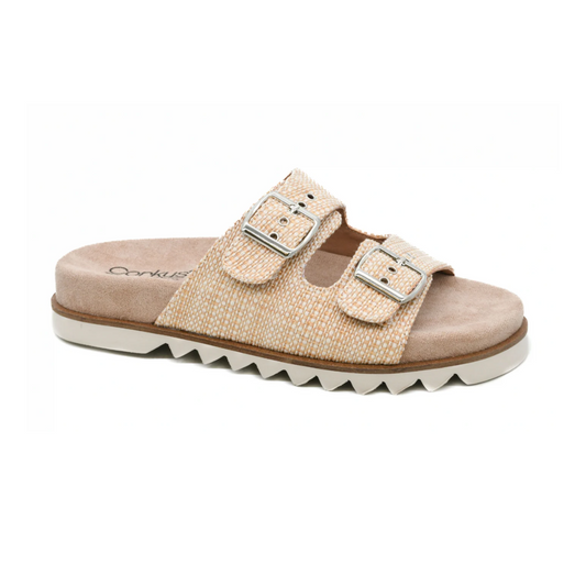 The Dash 2 Buckle Slide Sandal in Natural Raffia by CORKY'S FOOTWEAR INC features two adjustable buckle straps and a textured sole, crafted from natural raffia and displayed on a white background.
