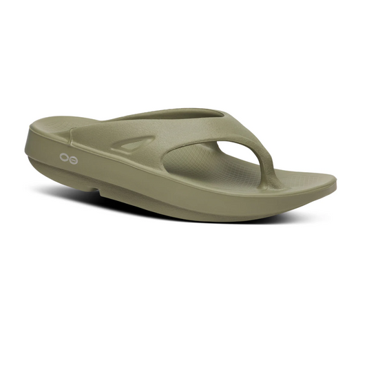 The OOFOS LLC OOriginal Flip Flop Sandal in Foliage is shown on a white background, featuring a thick sole, toe post, and OOfoam recovery technology for orthopedic comfort.