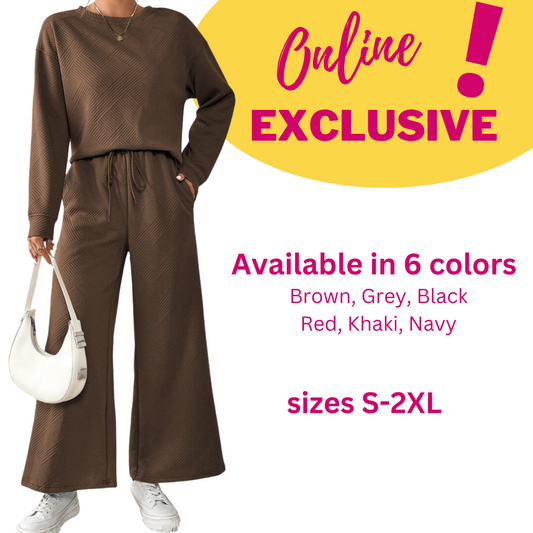 Dark Brown Textured Loose Slouchy Long Sleeve Top and Pants Set