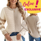 A woman models the Shewin Khaki Cable Knit Colorblock Crew Neck Drop Shoulder Sweater, holding a clutch, with front and back views. Text: "Online Exclusive.