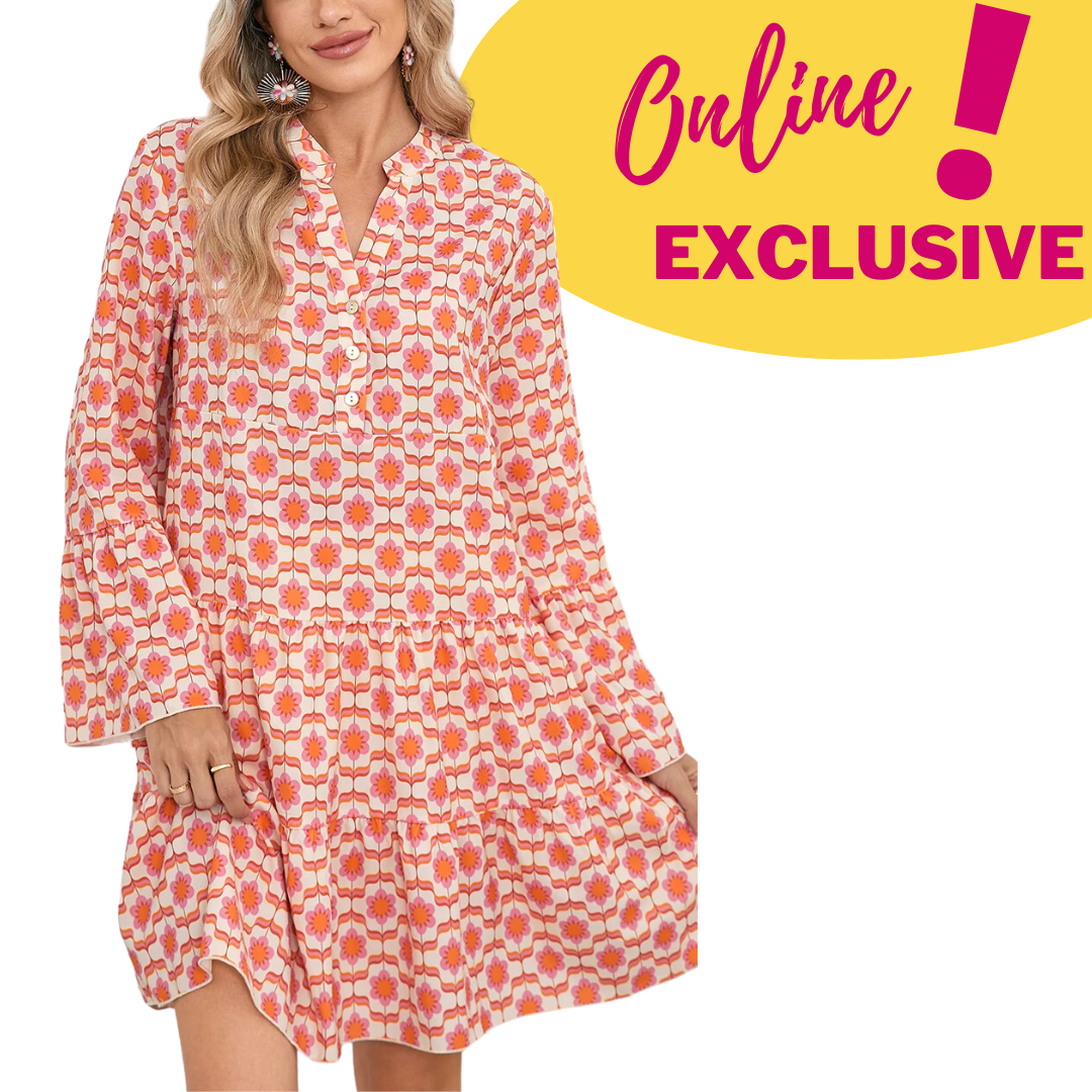 A woman in a Shewin Orange Floral Button V Neck Bell Sleeve Mini Dress gracefully holds the hem, while a yellow and pink "Online Exclusive" graphic complements her style.