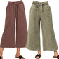 Two women wear Zenana Acid Washed Fleece Palazzo Sweatpants, one in brown and one in olive green, styled casually with black sandals.