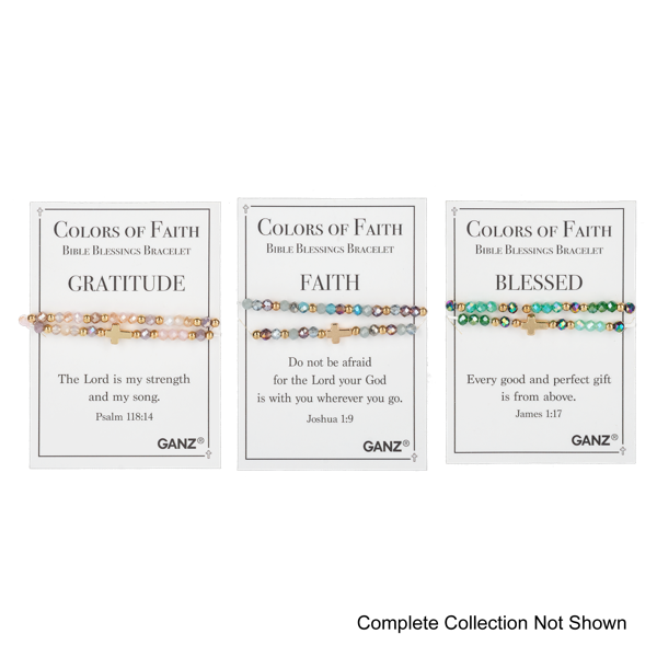 Three Flipflops & Whatnots “Blessing Bracelets - Assorted” spiritual jewelry pieces on cards labeled Gratitude, Faith, and Blessed—each featuring a Bible verse and unique colored beads. Includes note: “Complete Collection Not Shown.” Perfect for sharing inspirational Bible blessings and uplifting encouragement.