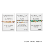 Three Blessing Bracelets - Assorted by Flipflops & Whatnots, part of our Bible blessings bracelets collection, are displayed on cards labeled Gratitude, Faith, and Blessed. Each bracelet features a Bible verse and a gold cross charm. Text at the bottom reads, “Complete Collection Not Shown.”.