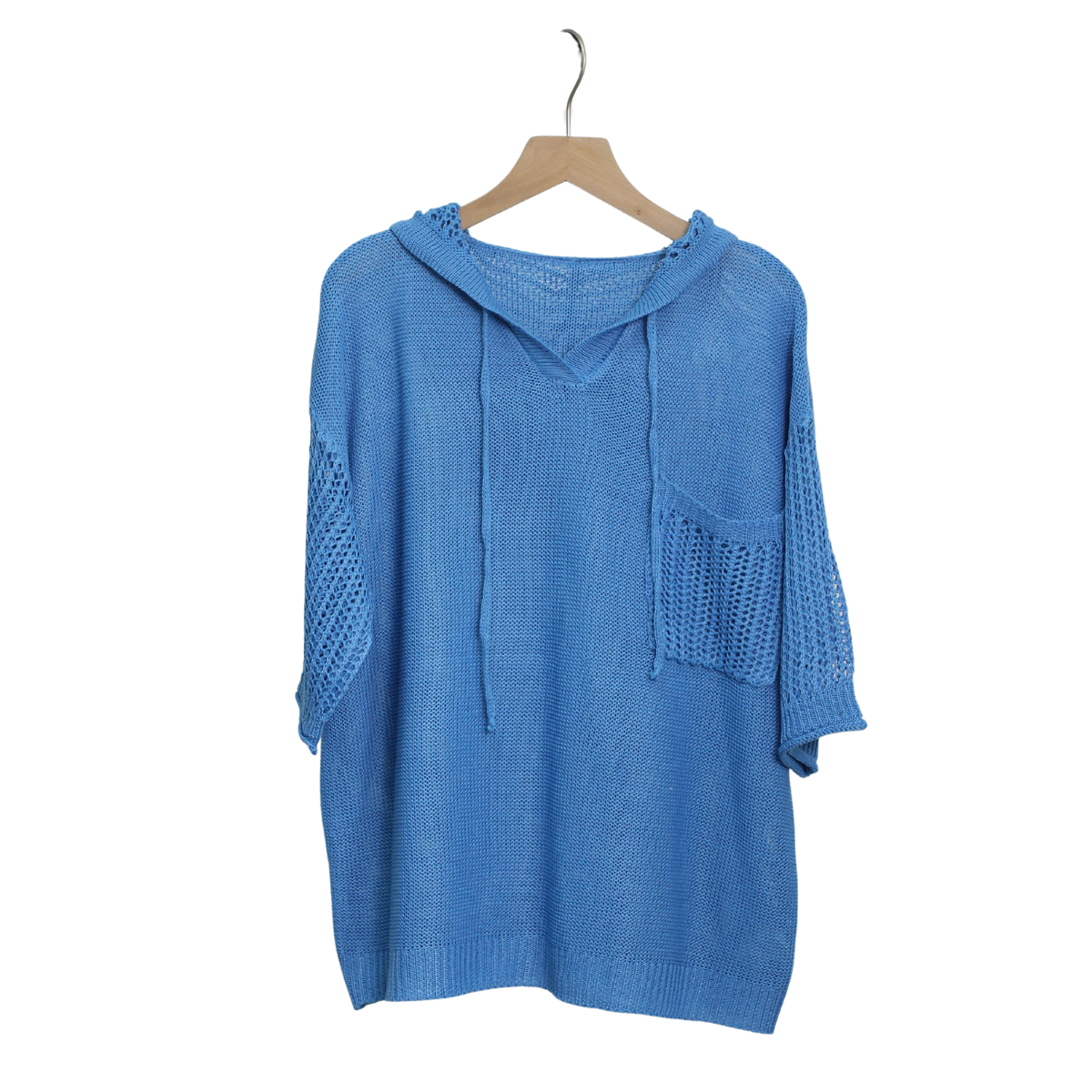 A blue FASHION GO Hoodie Knit Top with short sleeves, a drawstring hood, and a large pocket on the front, hanging on a wooden hanger.