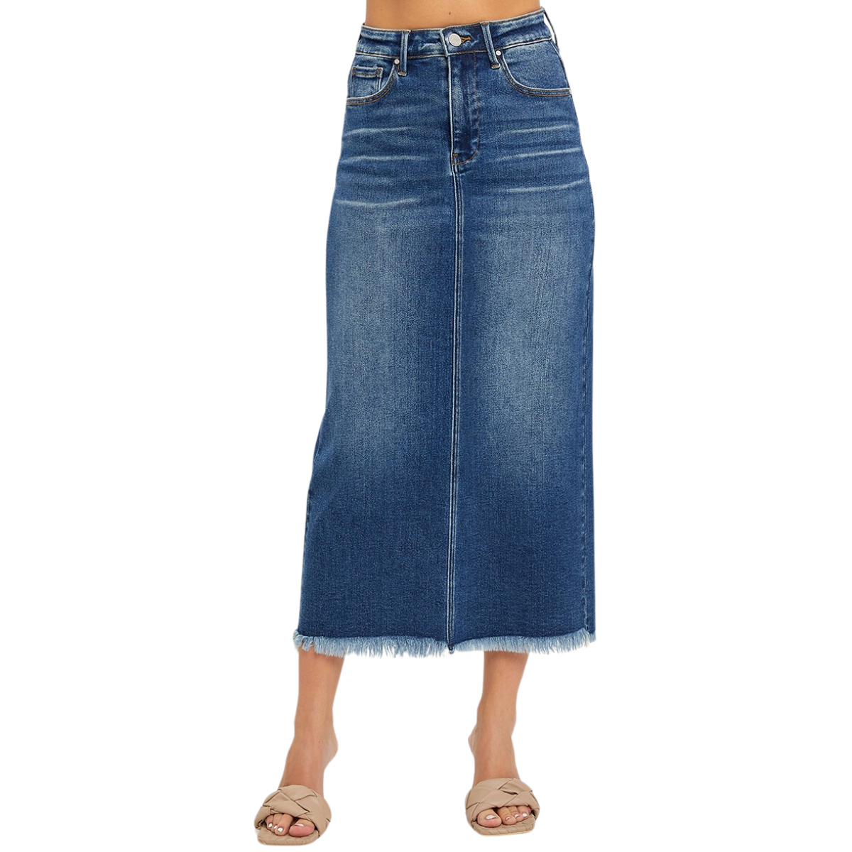 A trendy woman sporting the FASHION GO High Rise Frayed Long Denim Pencil Skirt with tan sandals.