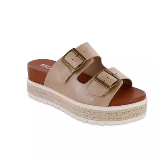 A Kely Platform Slide Sandal in Dusty Gold by MIA with two buckled straps, a cushioned brown footbed, and a woven, white sole.