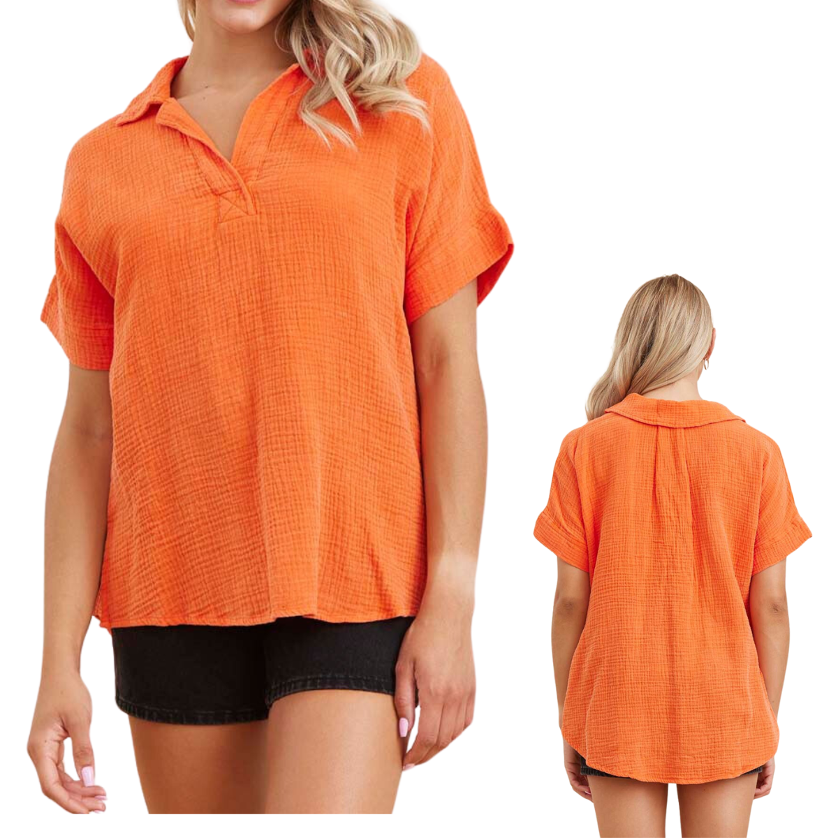 A woman wears an orange, short-sleeve FASHION GO Gauze Open Collared Neck Top with a textured design and an open collared neck, paired with black shorts. The image shows front and back views of the top.