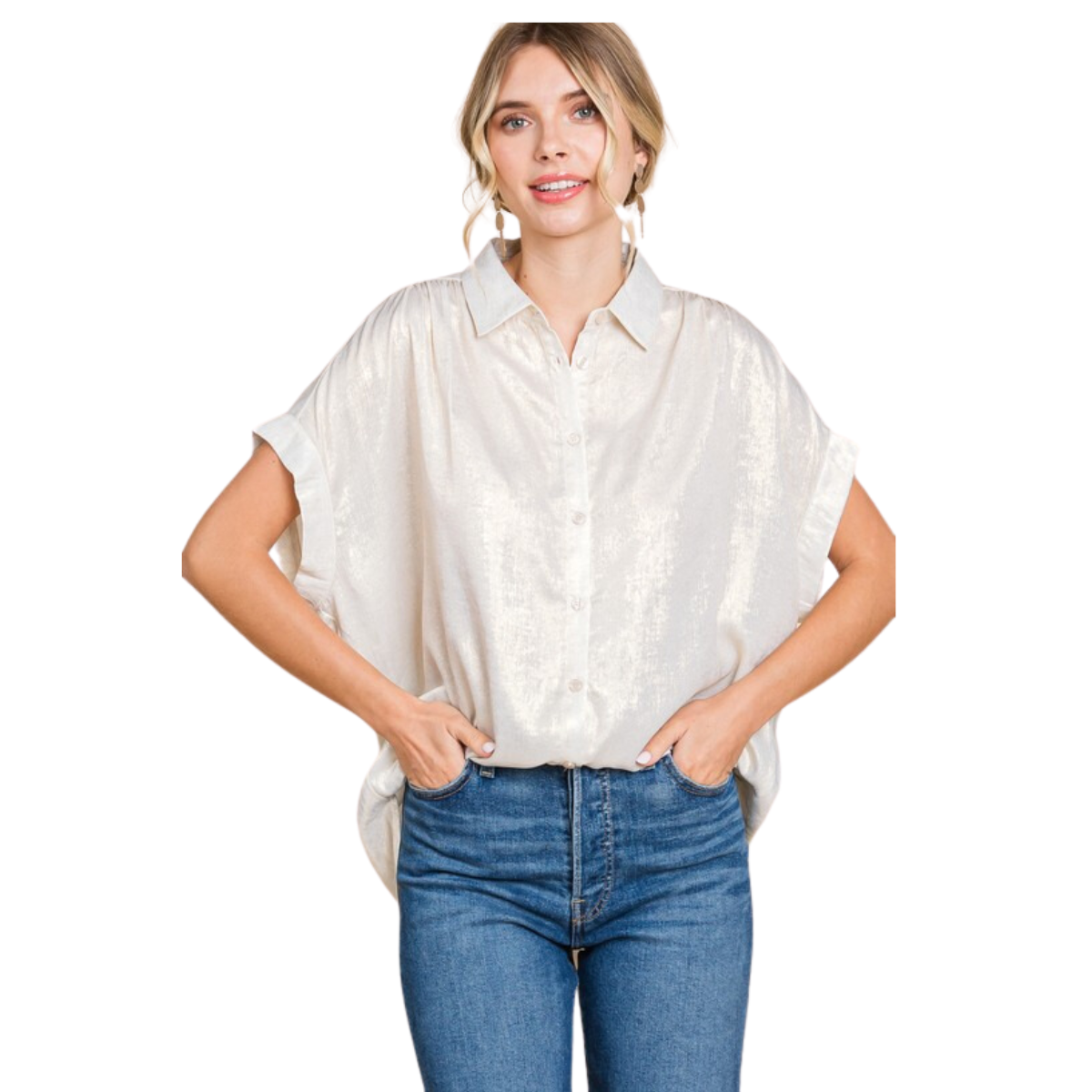 A woman is wearing a FASHION GO Metallic Collared Button Up Top with cuffed short sleeves and blue jeans. She is standing with her hands in her pockets against a white background.