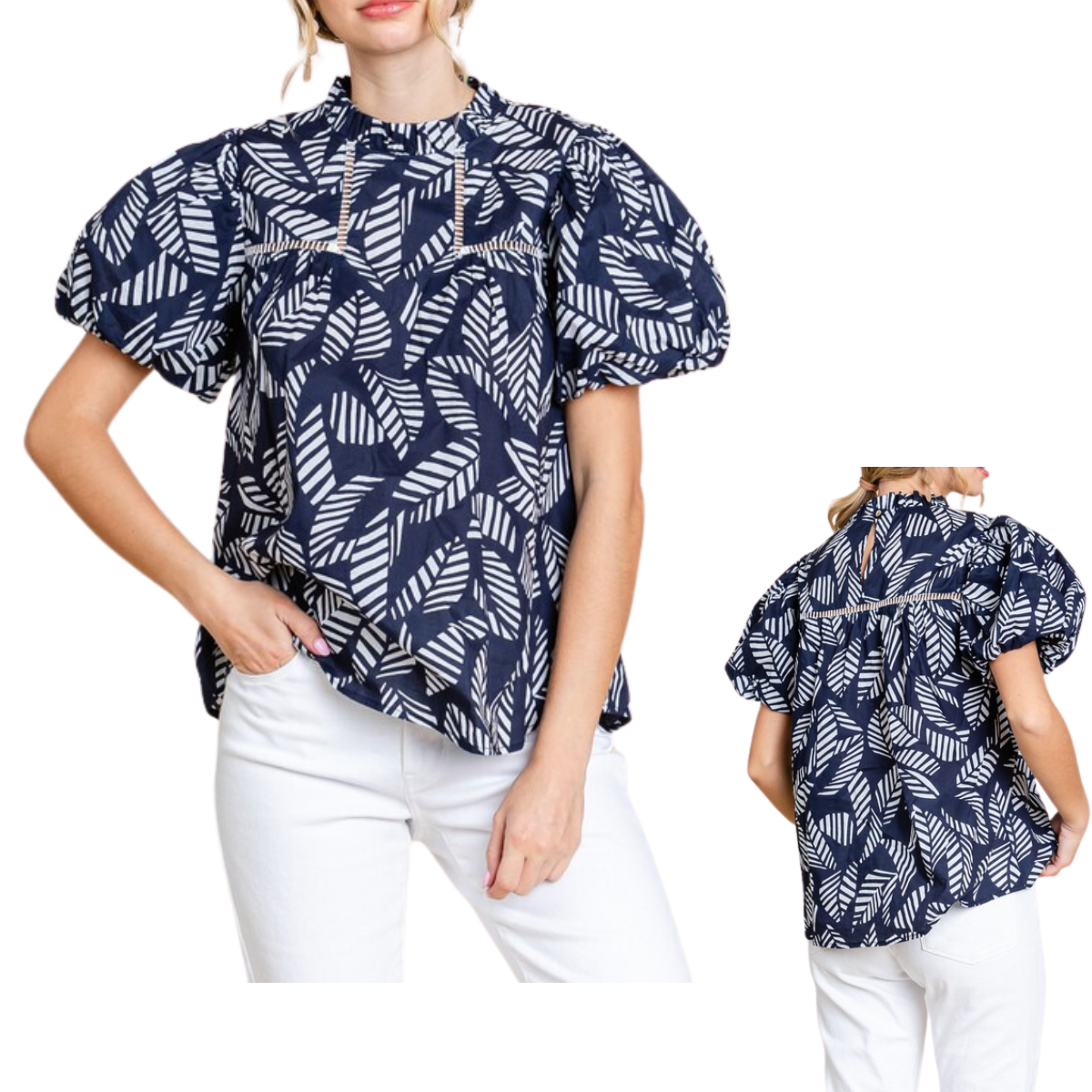 A woman wearing a FASHION GO Leaves Print Puffed Sleeves Top in Navy, paired with white pants. The top features an elegant embroidery trim and frilled neck. The image shows both front and back views of the top.