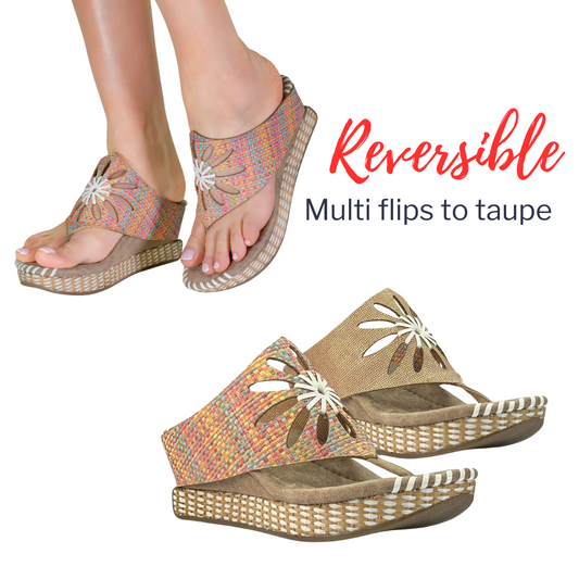 A pair of MODZORI Flora Reversible Multi Pink to Tan flip flops, offering comfort for all-day wear with the words reversible technology.